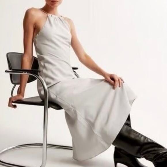 ABERCROMBIE & FITCH | NWT High-Neck Maxi Dress Silver Gray Modal Lined | Large - Picture 2 of 10